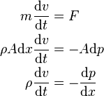 \begin{align}
m \frac{\mathrm{d}v}{\mathrm{d}t}&= F \\
\rho A \mathrm{d}x \frac{\mathrm{d}v}{\mathrm{d}t} &= -A \mathrm{d}p \\
\rho \frac{\mathrm{d}v}{\mathrm{d}t} &= -\frac{\mathrm{d}p}{\mathrm{d}x} 
\end{align}