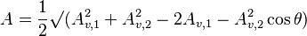 A= \frac{1}{2} \surd (A^2_{v,1} + A^2_{v,2} - 2A_{v,1} - A^2_{v,2} \cos \theta)